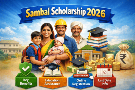 Sambal Scholarship 2026 banner image showing Madhya Pradesh beneficiary family with education assistance, online registration, benefits and last date information under Sambal Yojana.