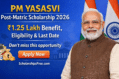 PM YASASVI Post-Matric Scholarship 2026 banner showing ₹1.25 lakh benefit, eligibility details, last date 28 February 2026, Apply Now button and ScholarshipsFree.com branding.
