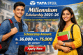 Tata Steel Millennium Scholarship 2025-26 banner showing Indian male and female students with scholarship amount ₹36,000 to ₹75,000 per annum and Apply Now button.