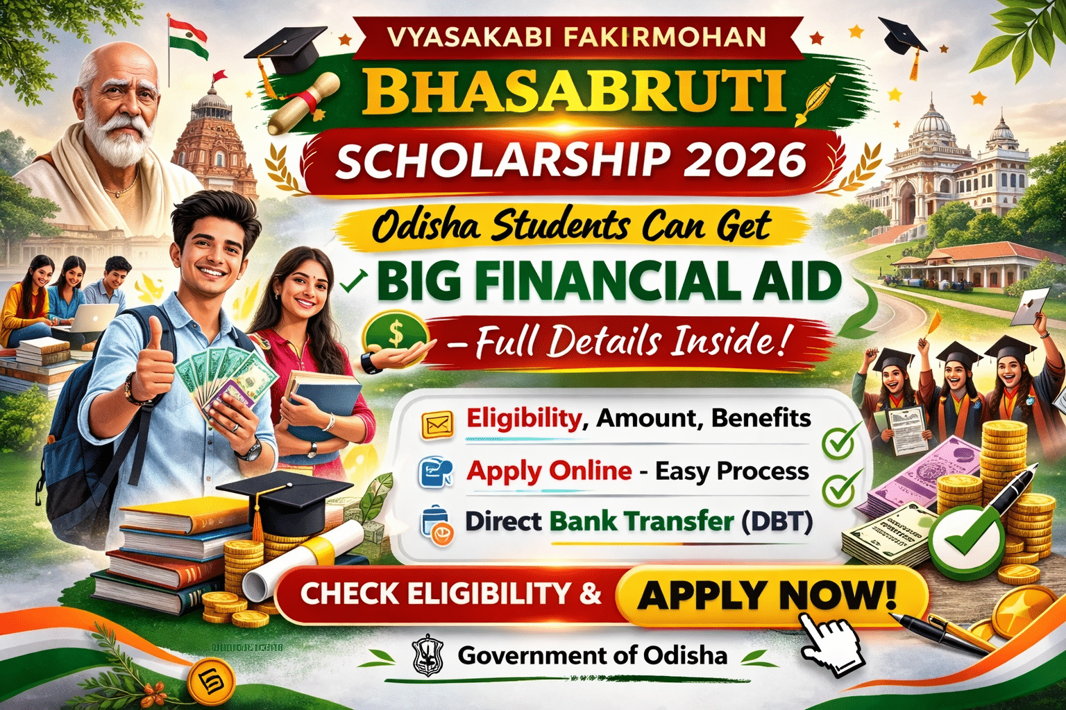 Vyasakabi Fakirmohan Bhasabruti Scholarship 2026 poster showing Odisha students, eligibility, amount details, apply online process and DBT financial aid information.