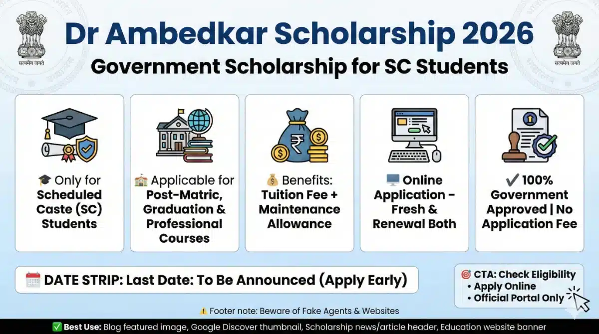 Dr Ambedkar Scholarship 2026: Fresh Registration, Eligibility, Amount, Last Date & Latest Update Dr Ambedkar Scholarship 2026 infographic showing Punjab Government scholarship for SC students with eligibility, benefits, online application, and tuition fee plus maintenance allowance details.