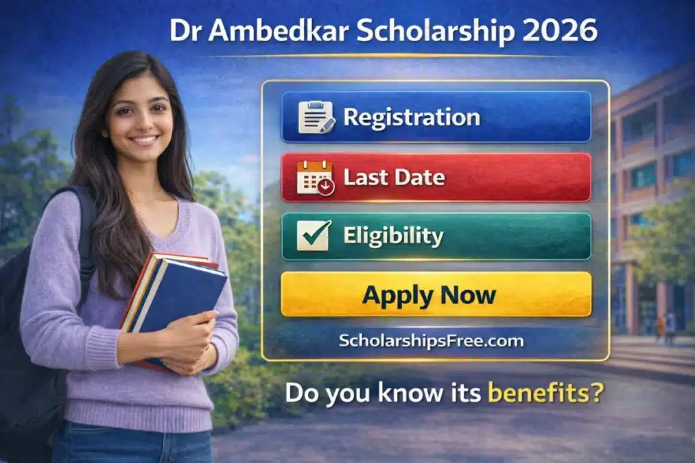 Dr Ambedkar Scholarship 2026: Fresh Registration, Eligibility, Amount, Last Date & Latest Update Dr Ambedkar Scholarship 2026 poster showing an Indian female student on a college campus with registration, last date, eligibility, and apply now details.