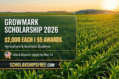 Growmark Scholarship 2026 banner showing $2,000 each and 55 awards for agriculture & business students (USA & Ontario) – Scholarshipsfree.com
