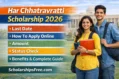 Har Chhatravratti Scholarship 2026 banner showing Haryana Assembly background with two Indian university students and details about last date, apply online process, scholarship amount, status check and benefits.