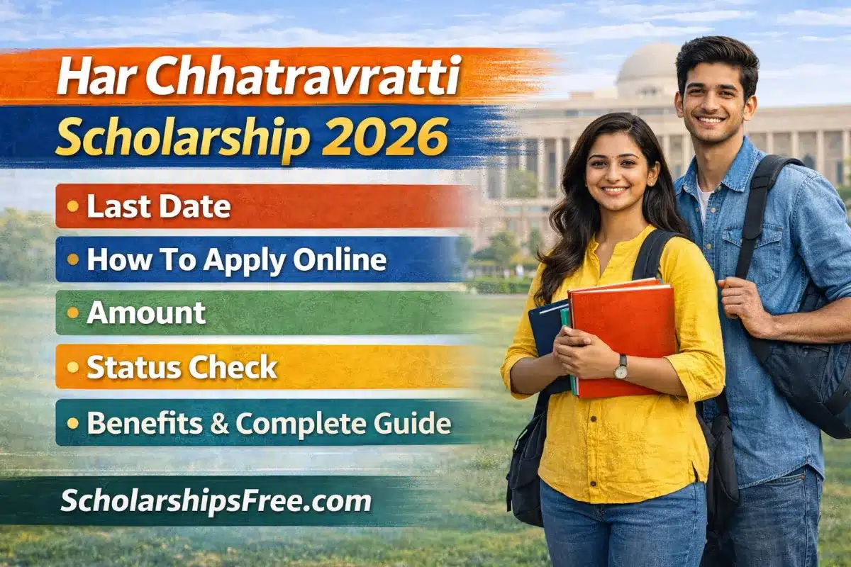 Har Chhatravratti Scholarship 2026: Last Date, How To Apply Online, Amount, Status Check, Benefits & Complete Guide Har Chhatravratti Scholarship 2026 banner showing Haryana Assembly background with two Indian university students and details about last date, apply online process, scholarship amount, status check and benefits.
