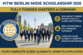 HTW Berlin MIDE Scholarship 2026: Fully Funded Master’s via DAAD EPOS (Complete Guide) Infographic announcing the HTW Berlin MIDE Scholarship 2026 for a fully funded master's in Germany, featuring a group of business professionals in Berlin, the DAAD EPOS logo, and key benefits.