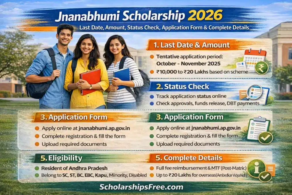 Jnanabhumi Scholarship 2026: Last Date, Amount, Status Check, Application Form & Complete Details Infographic showing Jnanabhumi Scholarship 2026 details with last date 2025, scholarship amount ₹10,000 to ₹20 Lakhs, status check online, application form PDF, eligibility criteria and complete guide for AP students.