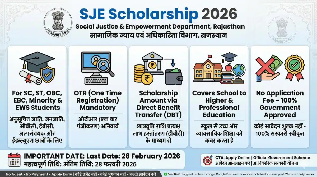 SJE Scholarship 2026: Last Date, Eligibility, OTR Registration, Documents & Why This Scholarship Matters SJE Scholarship 2026 infographic by Rajasthan Social Justice and Empowerment Department showing eligibility for SC ST OBC EBC Minority students, OTR mandatory, DBT scholarship amount, education coverage, and last date 28 February 2026.