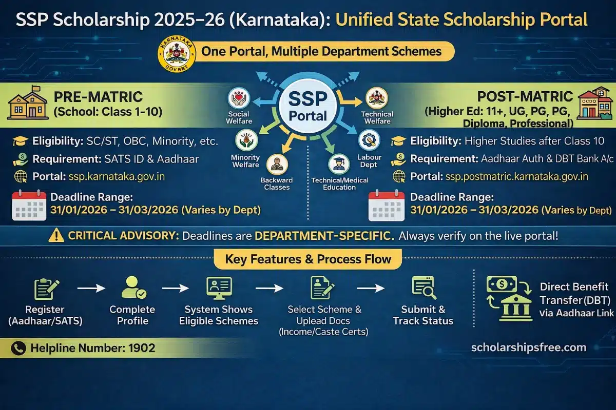 SSP Scholarship 2025–26 (Karnataka): Department-wise Last Date, Eligibility, Apply Online, Status Check Infographic illustrating the SSP Scholarship 2025–26 (Karnataka) Unified State Scholarship Portal. It details the unified portal structure linking various departments like Social Welfare and Minority Welfare. It differentiates between Pre-Matric (school level) and Post-Matric (higher education) eligibility, portal URLs, required documents like SATS and Aadhaar, and department-wise deadline ranges. The bottom section shows a step-by-step application process flow ending with DBT (Direct Benefit Transfer).