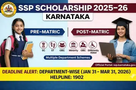 SSP Scholarship 2025–26 (Karnataka): Department-wise Last Date, Eligibility, Apply Online, Status Check SSP Scholarship 2025-26 Karnataka infographic banner showing Pre-Matric school girl and Post-Matric college student. Features categories SC, ST, OBC, Minority, Differently Abled. Highlights department-wise deadline between Jan 31 - Mar 31, 2026, and Helpline 1902.