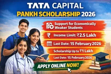Tata Capital Pankh Scholarship 2026: Last Date, Eligibility, Documents Required & Apply Online Tata Capital Pankh Scholarship 2026 thumbnail showing income limit ₹2.5 lakh and last date 15 February 2026
