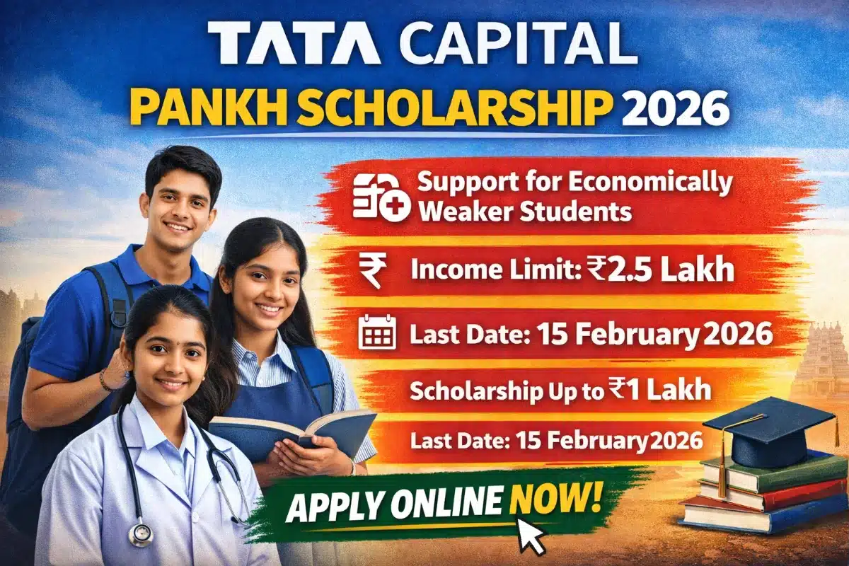 Tata Capital Pankh Scholarship 2026: Last Date, Eligibility, Documents Required & Apply Online Tata Capital Pankh Scholarship 2026 thumbnail showing income limit ₹2.5 lakh and last date 15 February 2026