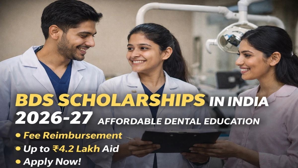 BDS Scholarships 2026-27: Fees, Eligibility & How to Apply BDS Scholarships 2026-27: Indian dental students in a clinic highlighting BDS scholarships in India 2026–27 for fee reimbursement and financial aid.